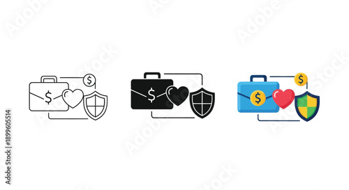 Collection of financial security and health insurance icons illustrating asset protection and monetary safeguarding concepts in various styles