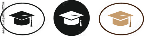 Academic graduation cap icon set featuring mortarboard symbols in circular frames for university degree achievement school education and student success ceremony isolated on white background.