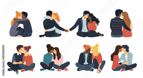 Affectionate Diverse Couples Modern Flat Vector Romance Illustrations EPS10 Stock.eps