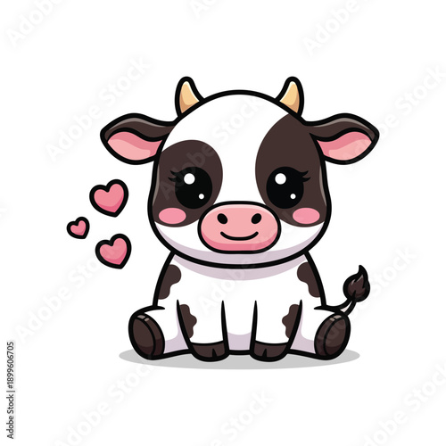 Adorable cartoon cow sitting with hearts floating around, showcasing affectionate emotions