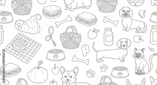 Whimsical Illustration of Dogs, Cats, and Treats in a Fun, Friendly Environment