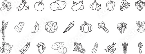 Vegetables line icon set. Healthy eating and cooking concepts. Vector illustration of broccoli, potato, onion, garlic, lettuce, spinach, pepper, cucumber, pumpkin, turnip, celery, cabbage, mushroom