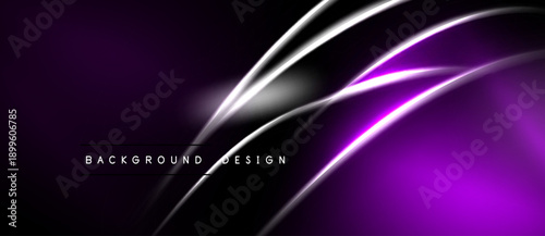 Abstract purple, silver lines create dynamic background. Modern design features smooth gradients, elegant curves. Minimalist aesthetic.