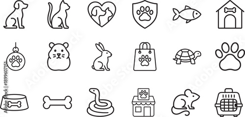 Pets web icons set for animals, pet care, veterinary services, adoption websites and online stores.