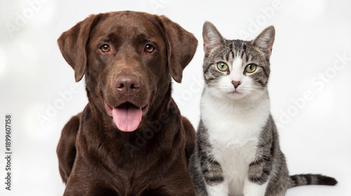 Brown dog and gray tabby cat sitting together looking forward on white background