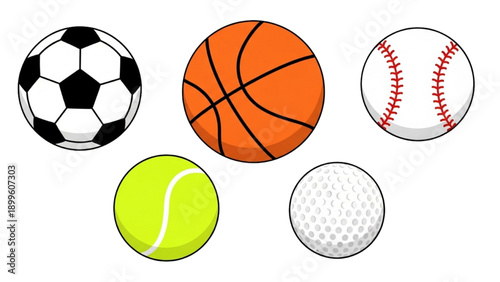 Assorted sports balls including soccer, basketball, baseball, tennis, and golf arranged together on a plain background