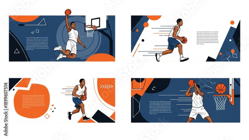 Dynamic Basketball Players in Action, Illustration, Sports Scene, Energetic Movement, Court View