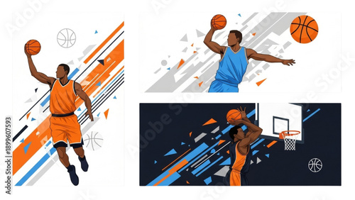 Dynamic illustrations of basketball players in mid-air, showcasing athleticism and skill from various viewpoints