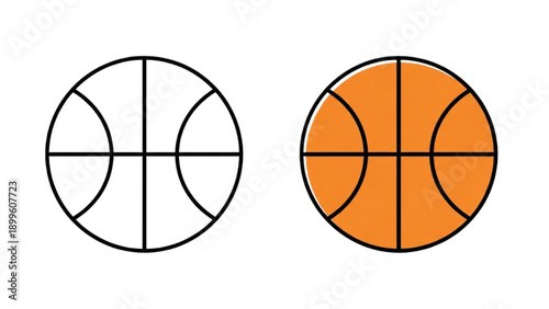 Two basketballs side by side with one unfilled and one orange filled on a plain white background from a front view
