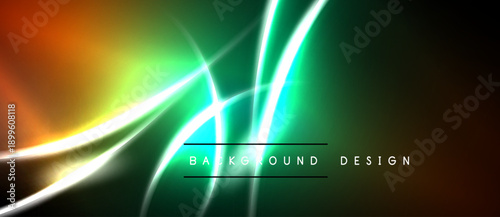 Abstract neon lights create dynamic curves, gradients. Dark background emphasizes vibrant colors, modern design elements.
