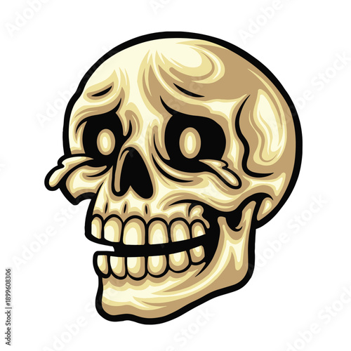 High quality colored vector illustration of a cartoon skull concept logo with a laughing expression until shedding tears