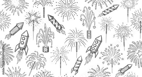 Rockets and Fireworks in a Festive Design, Fun Atmosphere, Digital Illustration, Vibrant Background, Artistic Viewpoint