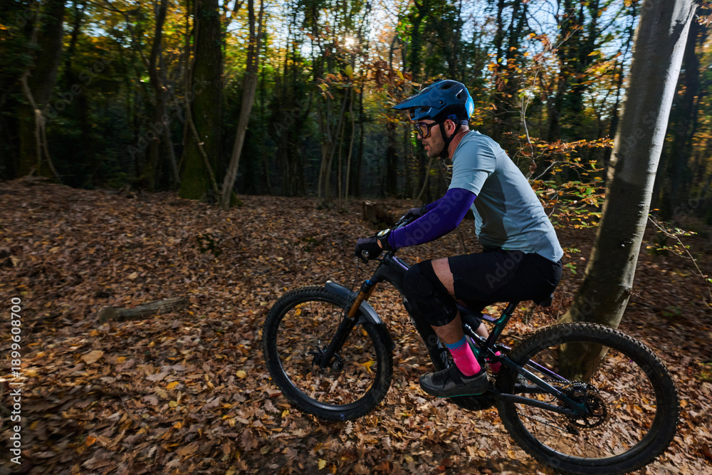 Fototapeta premium Mountain Bike Rider Through Autumn Forest Trail Among Fall Leaves — Outdoor Adventure and Fitness
