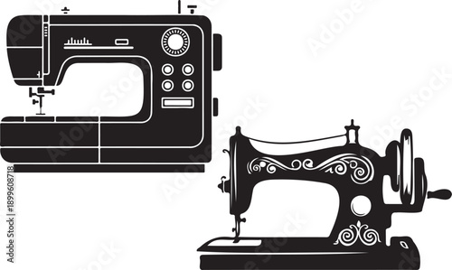 Two sewing machines a modern and a vintage design in black and white