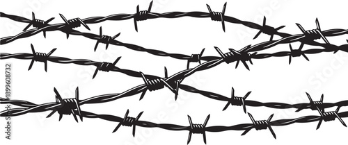 Black and white illustration of multiple strands of barbed wire crossing