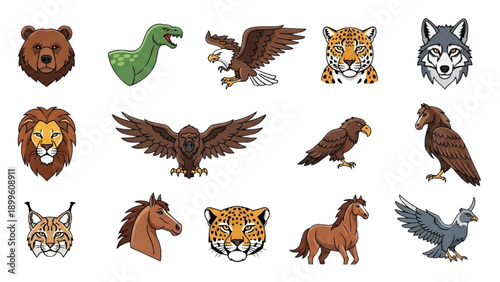 Collection of diverse animal illustrations including mammals, birds, and reptiles displayed together