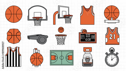 Basketball Game Equipment and Sport Accessories Icons Set