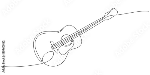 One line drawing of classic guitar with music notes tone design. Classical jazz music instrument. Vector illustration simple continuous outline style.