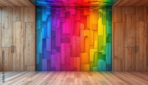 create an abstract geometric illustration featuring rainbow colors in a 3d wooden square cube texture wall background, the image should have a panoramic view