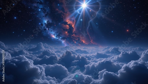 create a captivating cosmic scene featuring stars, gas, and clouds floating in dark space, filled with bright lights from distant galaxies