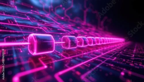 create a digital art piece featuring a blockchain network represented by a chain of glowing blocks connected by radiant pink lines