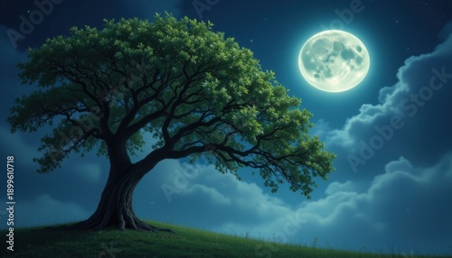 the tree and the moon, two powerful symbols often associated with fairy tales and magical stories, the tree, tall and majestic, stands as a silent observer of the passing time