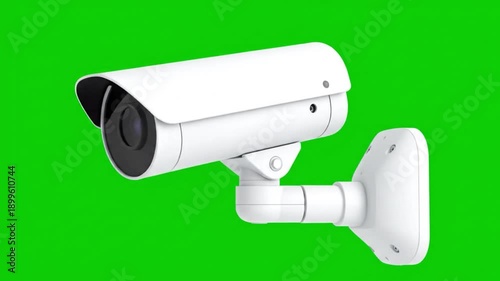 White cylindrical security surveillance camera with protective hood mounted on a wall bracket against a vivid bright green background, designed for outdoor monitoring and recording