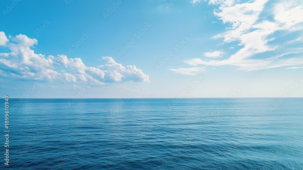 Obraz premium A serene ocean landscape with calm waters under a blue sky with fluffy white clouds