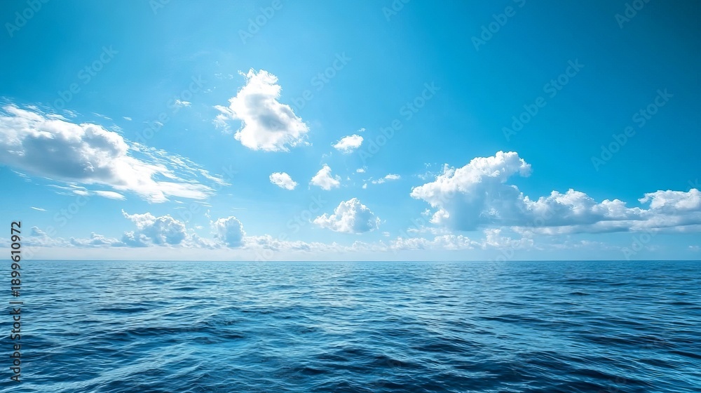 Obraz premium A serene ocean landscape with a bright blue sky and fluffy white clouds