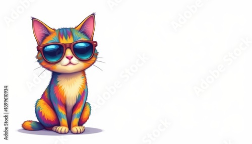 create a cartoon of a colorful cat wearing sunglasses on a white background, place the cat on the left side and leave plenty of space to the right for copy text