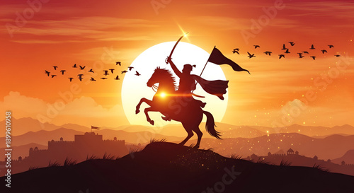 Shivaji Maharaj heroic silhouette on horseback with sword and flag at glowing sunset showing Maratha bravery leadership heritage and national pride for Jayanti celebration