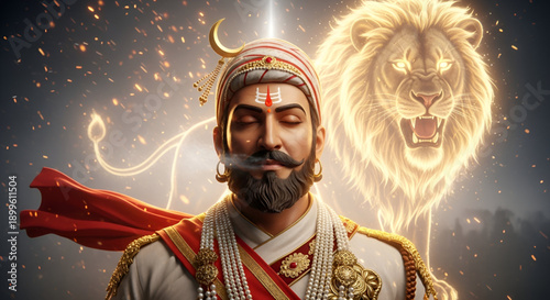 Shivaji Maharaj meditating with radiant lion spirit showing Maratha courage leadership and devotion for historic celebration and national pride festival