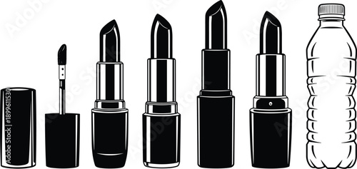 Lipstick set and plastic water bottle silhouette for beauty salon branding, makeup products, health lifestyle, cad drawing flat vector illustration