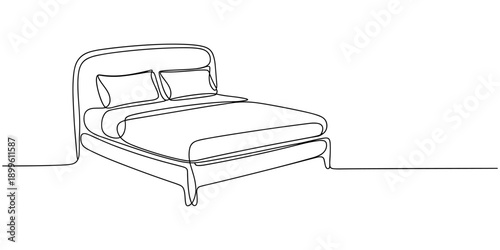 Bed in continuous line art drawing style. Double-size bed with bedding. Home furniture black linear design isolated on white background. Vector