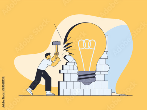 Person breaking lightbulb idea construction, building innovative concept development