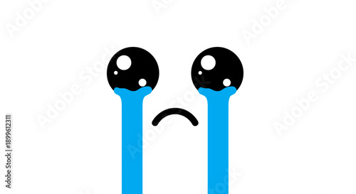 Simple cartoon illustration of a sad face with large black eyes and long blue tears streaming down on a white background.
