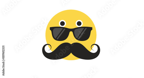 Cool yellow emoji face with black sunglasses and a stylish curly mustache on a white background.