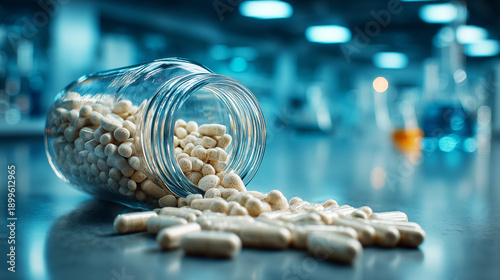 Wallpaper Mural White capsules spilled from a glass jar onto laboratory table, concept of pharmaceuticals, medicine, research, lifestyle, health.
 Torontodigital.ca