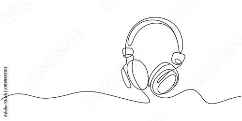 Vector one Continuous line drawing of headphones speaker headset gadget and earphones devices minimalist, Continuous one line drawing of headphones speaker for podcast web banner, head accessory.