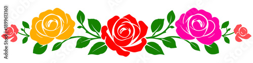 Colorful rose floral border with red yellow and pink roses connected by green leaves forming a decorative horizontal garland vector illustration