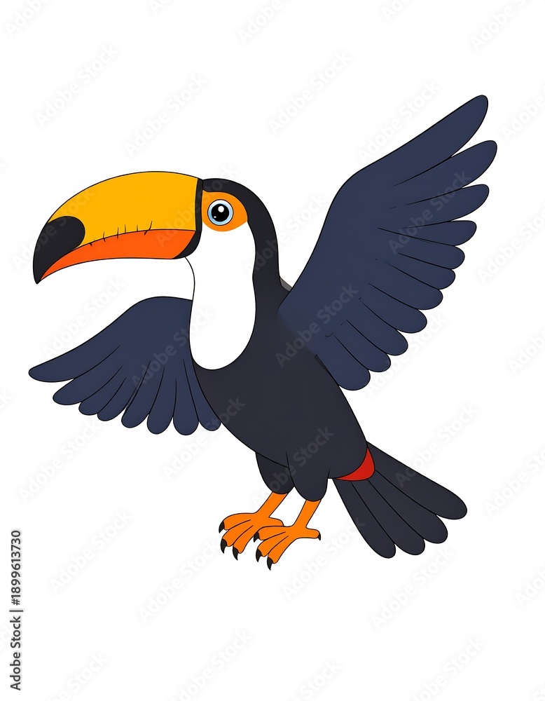 Fototapeta premium A colorful cartoon toucan with spread wings on a white background