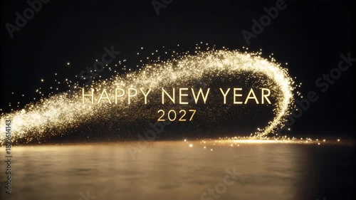 Golden Sparkle Trail Forms Happy New Year 2027 Text Animation Cinematic