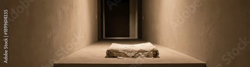 Cozy beige bedroom with intricate lace blanket on bed