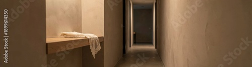 Minimalist hallway with wooden shelf and lace fabric