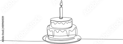 Minimalist birthday cake one line art, festive dessert contour drawing, sweet bakery line icon asset for greeting cards