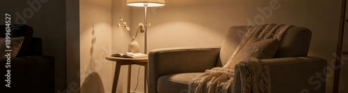 Cozy reading nook with armchair, table lamp, and open book in warm ambient lighting