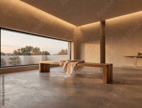 Minimalist interior with wooden bench and large window in serene setting