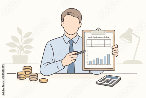 Male adult presenting small business cashflow chart in office setting