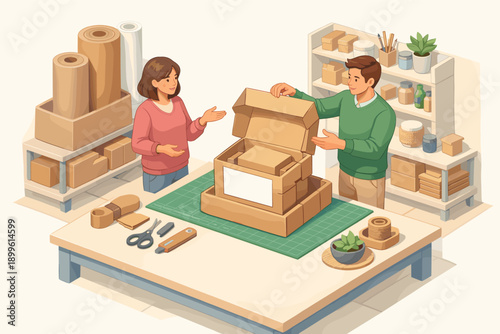 Caucasian adults packing boxes in workshop setting with supplies