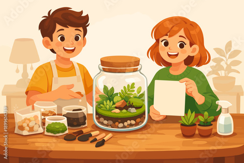 Young caucasian boy and girl creating terrarium together at home